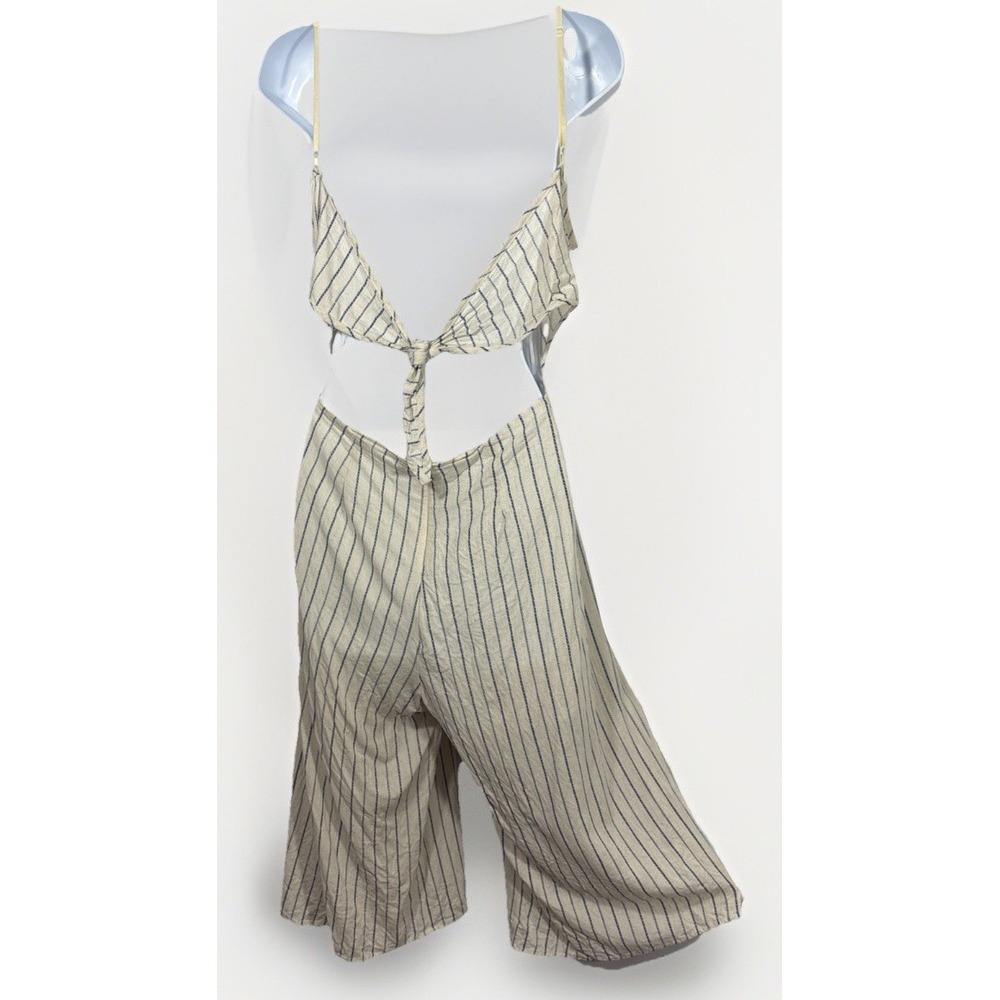Sage Cream Striped Rayon Linen Blend Culotte Jumpsuit Cutout Back Tie Size L